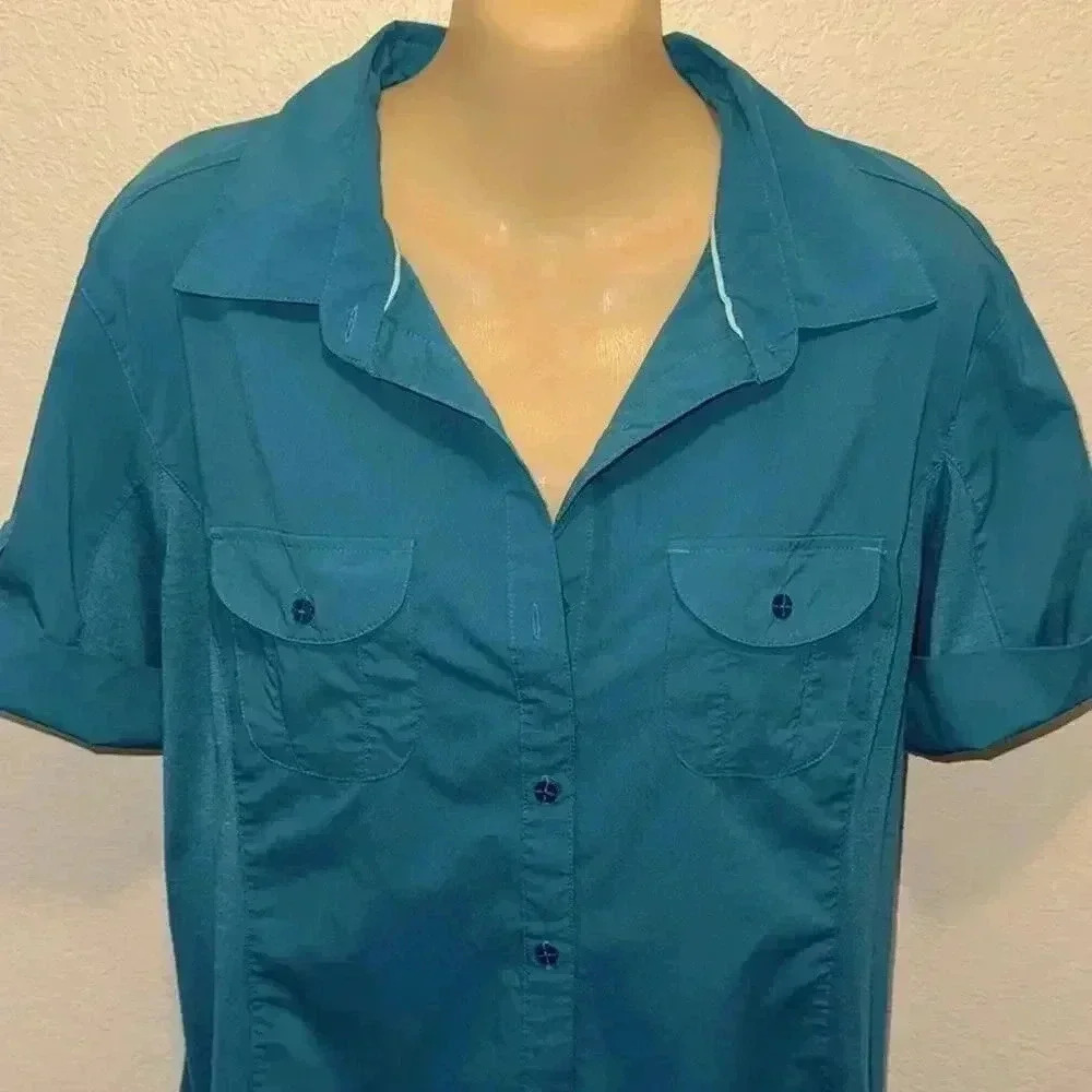 Merrell opti-wick of 30+ teal short sleeve button up women’s size XL/Extra Large - Picture 3 of 9